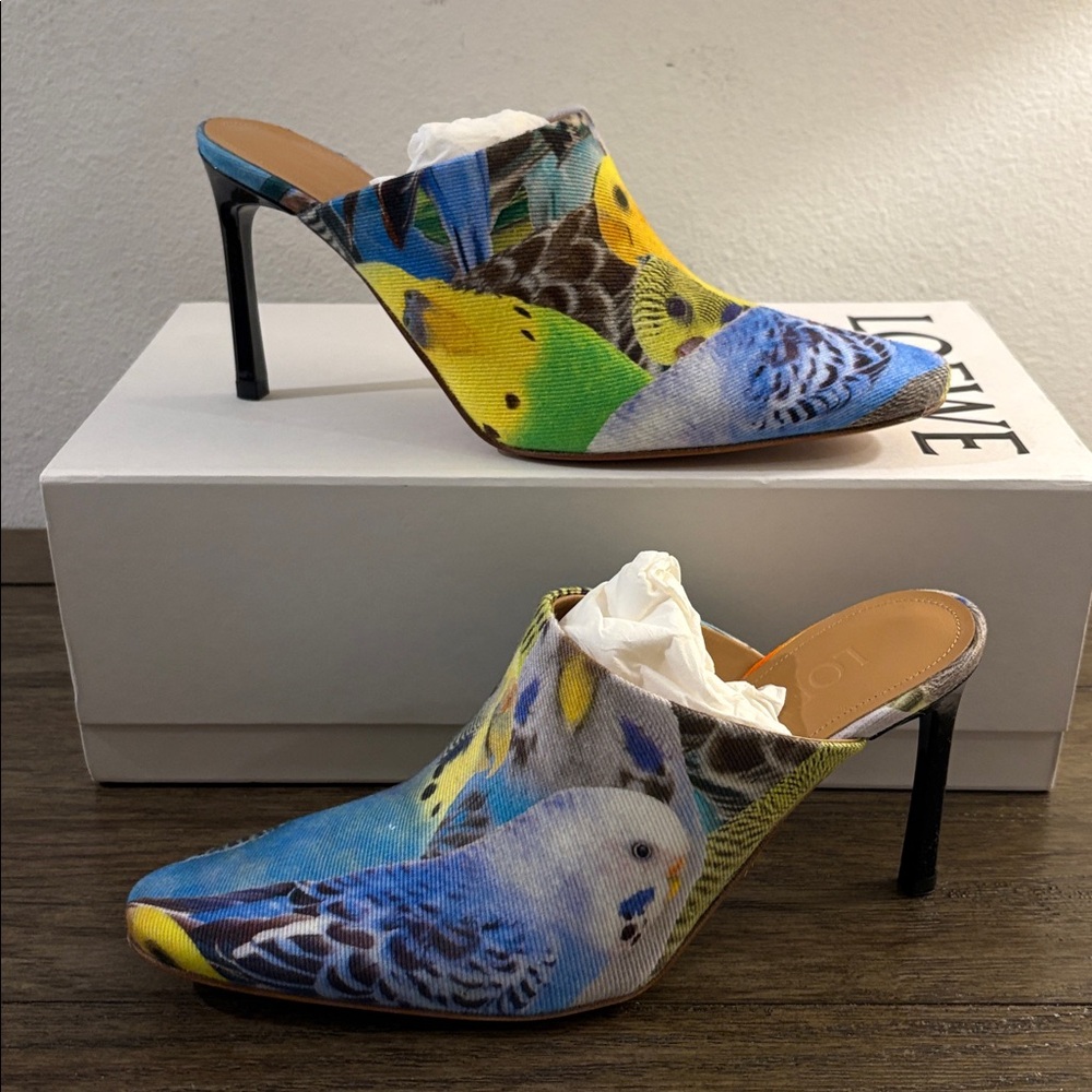 NIB [Loewe] Bird Printed Fabric Slip-On Heel Sandal Mules Women’s EU 36 / US 6 - Picture 2 of 13
